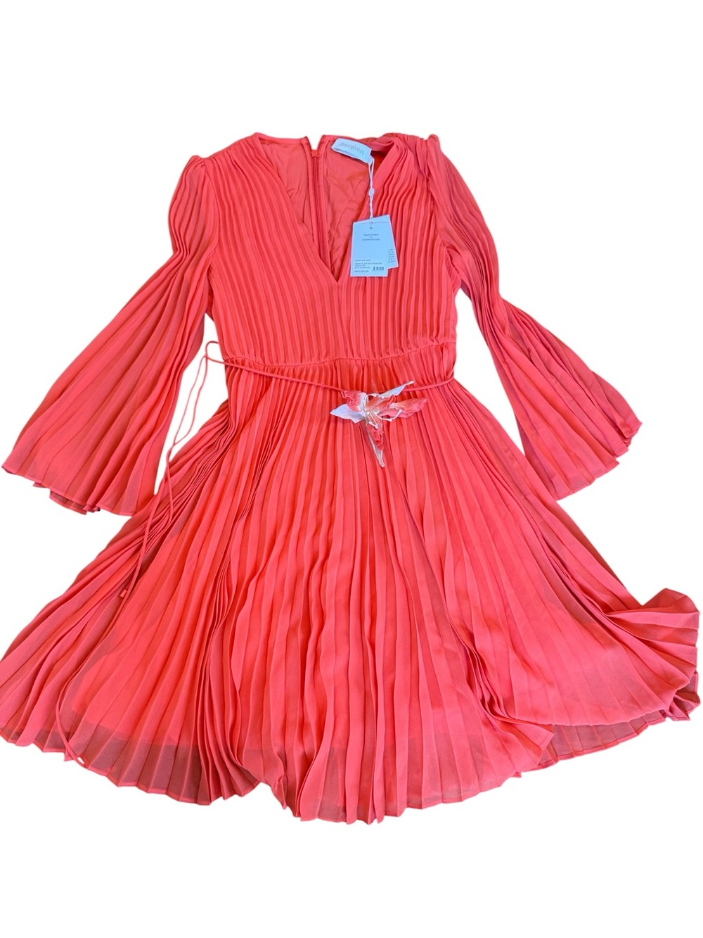 Zimmermann orange Coral Pleated Dress with Tie Floral Waist